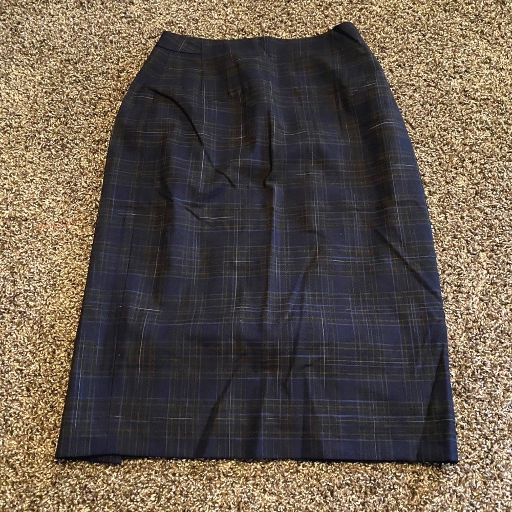 MM LaFleur Pencil Skirt Dark Academia Plaid Wool Workwear Women 4 Navy Black - Picture 2 of 7